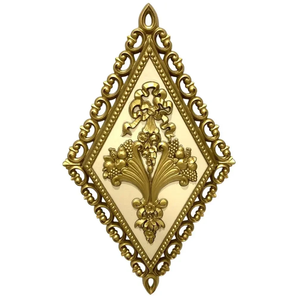 Vintage Homco Diamond Shaped Wall Hangings Set of 4 USA Gold & Cream Ornate